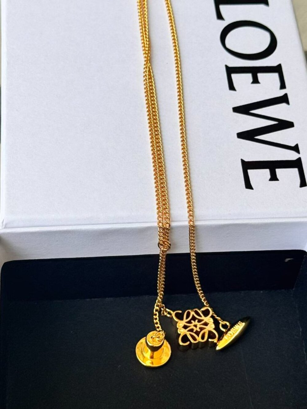 LOEWE Gold Tone Anagram Pendant Necklace Chain Minimalist Luxury - Picture 3 of 9